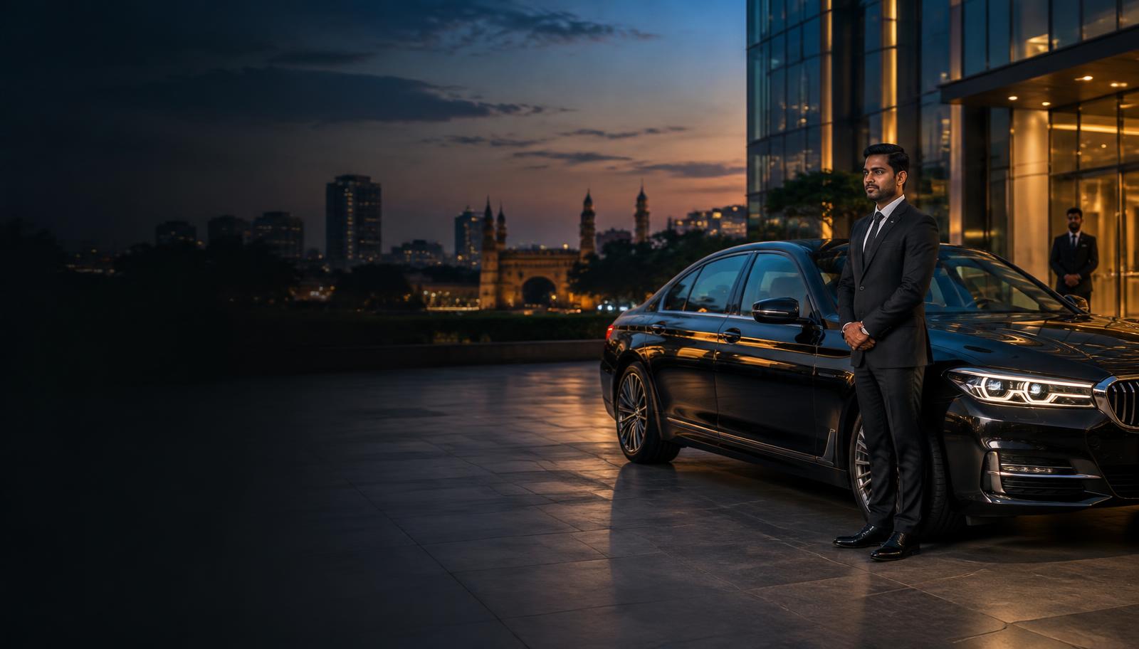 Professional chauffeur beside executive car in Hyderabad